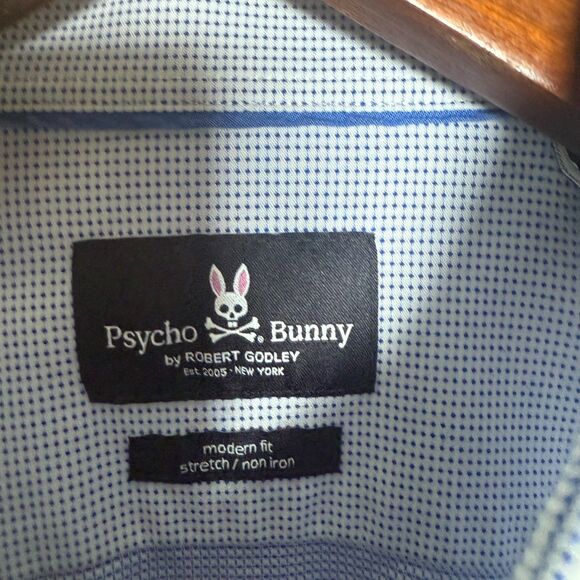 Psycho Bunny Blue White Checkered Print Long Sleeve Mens Size 16.5 x 32/33 - Picture 10 of 15